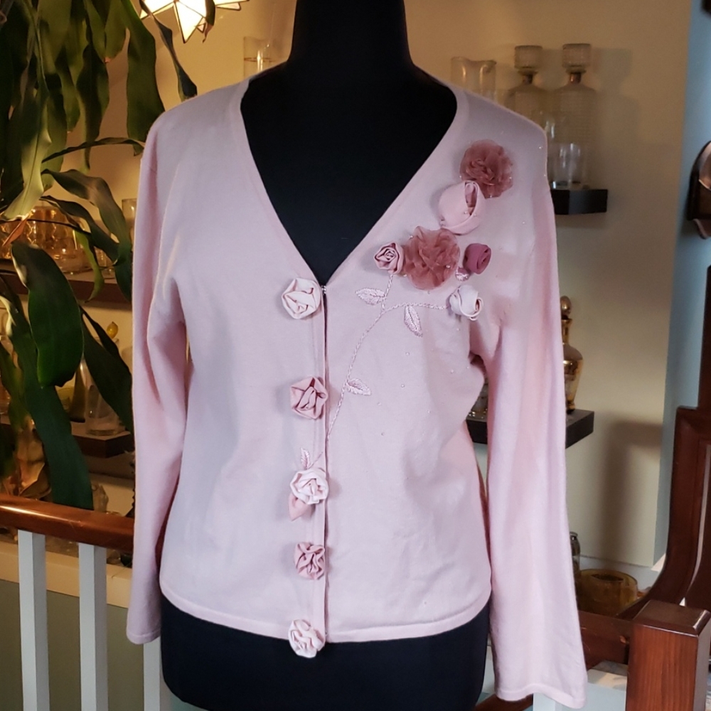 Vintage Carly St. Claire Rose Themed Pink Womens Cardigan